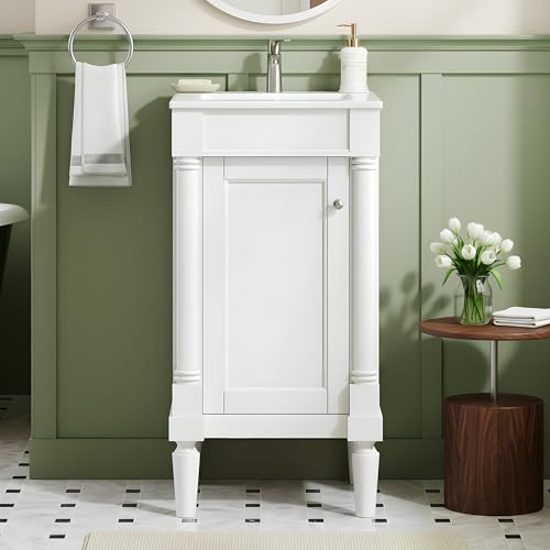 Merax 18 Bathroom Vanity with Sink Powder Room Small Bathroom Vanity with Storage Cabinet Ceramic Sink Adjustable Shelf Solid Wood Frame Bath Storage Cabinet