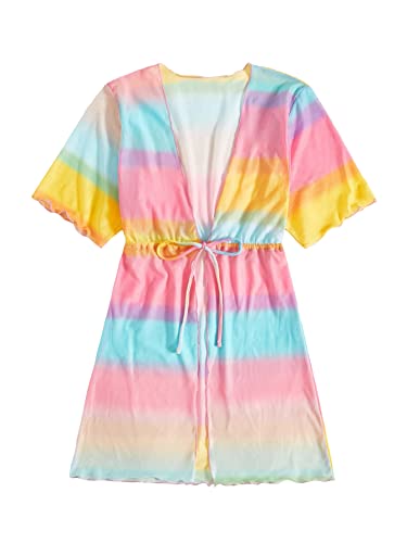 Verdusa Girl's Short Sleeve Colorblock Drawstring Kimono Cover Up Cardigan