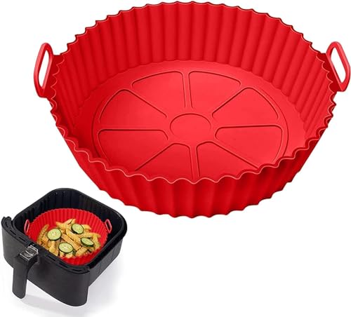 Image of Air Fryer Silicone Tray | Air Fryer Liners I Round Silicone Basket Baking Tray I Pot with Ear Handles I Nonstick Reusable Heat Resistant I Cooking Oven Insert Accessories (Red)