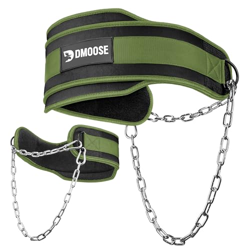 DMoose Fitness Dip Belt for Weight Lifting, Pullup, Squats & Dips - 36' Robust Steel Chain & Comfortable Neoprene Padding Supports 350lbs, Gym Weight Belt for Strength Training (Military Green)