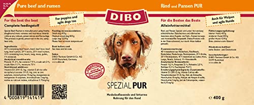DIBO PUR Spezial - Rind & Pansen, 6 x 400g-Dose, Hundefutter, Nassfutterohne Konservierungsstoffe, Reine Fleischdosen aus frischem und natürlichem Fleisch Qualität
