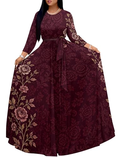 Image of PinkPatty Women's Long Sleeve Maxi Dress Plus Size Trendy Wedding Guest Dress with Pockets&Belt