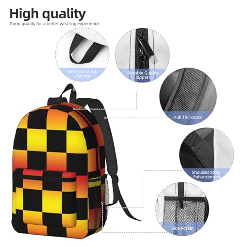 Gradient Fire Black Checkers Fashionable Daypack 17 Inches Zippers Backpack Double Shoulder Bag for Women Men3
