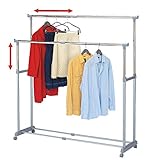 Tatkraft Big Party Doble Burro Ropa, Perchero con Ruedas, Perchero Burro con 2 Barras Extensible, Altura y Ancho Ajustables 95-161,5 X 44 X 96,5-166cm, Plástico, Acero Cromado