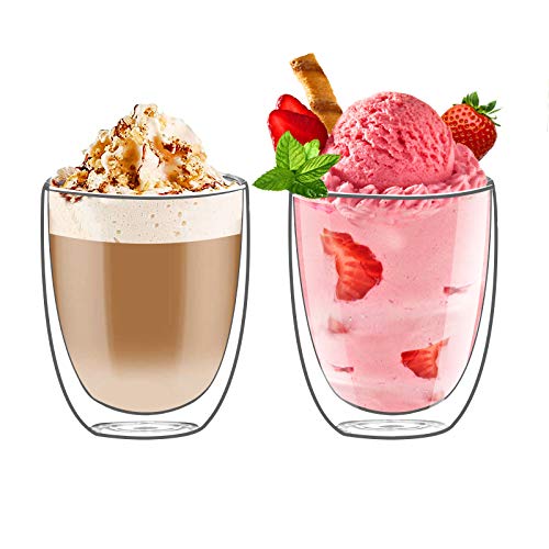 2 Stücke Doppelwandige Latte Macchiato Gläser Set,Hitze- und Kältebeständigkeit Doppelwandiger Glasbecher mit Henkel Transparenter Teegläser Doppelwandig Espressotassen Glas (350ml grifflos) Cover