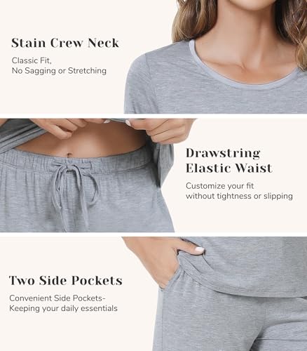Image of NACHILA Pajamas for Women-Viscose Made from Bamboo,Satin Crew Neck Pajama Sets Short Sleeve Pjs with Capri Pants