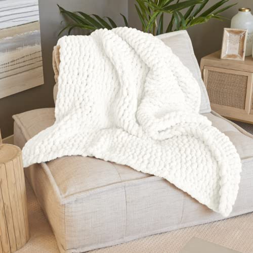 Birchio Chunky Knit Blanket Throw, 100% Hand Knit With Chenille Yarn, White Big Throw Blanket, Super Fluffy And Soft (White, 50 * 60Inch) #TOP4
