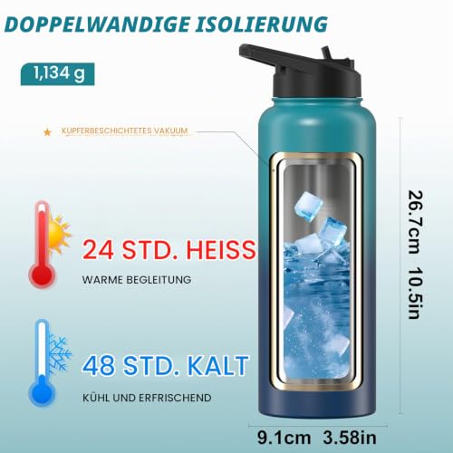 WATERSY Isolierte Edelstahl Thermosflasche 40oz Vakuumisolierte Trinkflasche mit 2 Deckel Auslaufsichere Wasserflasche 1200 ml Doppelwand… – Ansicht 3