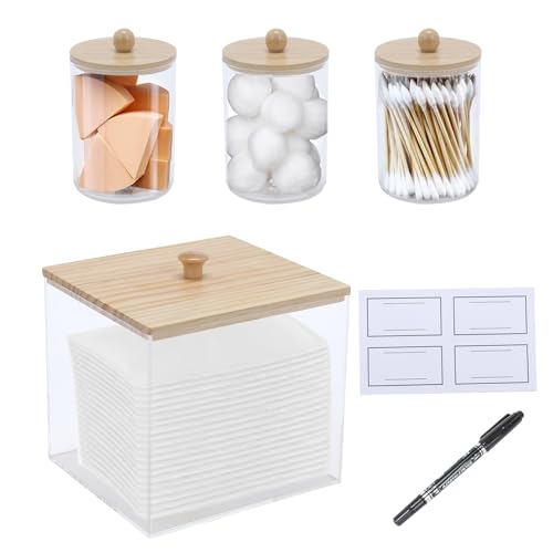 Gdfjiy 4 Pack Qtip Holder Dispenser with Bamboo Lids & Disposable Face Towel Holder Set, Clear Storage Bins for Facial Cloth, Vanity Makeup Storage Organizer, Bathroom Essentials Accessories Decor