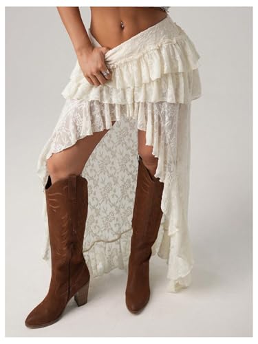OYOANGLE Women's Floral Lace Asymmetrical Ruffle Coquette Skirt Y2k Country Concert Outfits4