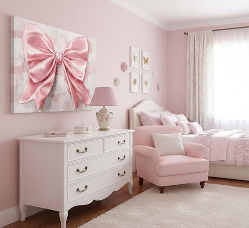Image of Pink Bow Canvas Wall Art Trendy Cute Preppy Watercolor Bow Painting Pictures Wall Decor Posters Prints Girly Aesthetic for College Apartment Bedroom Decoration