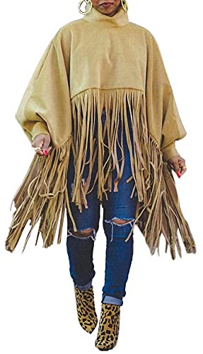 Womens Fashion Turtleneck Fringe Top Plus Size Batwing Sleeve Solid Color Poncho Tassel Sweatshirts Khaki S