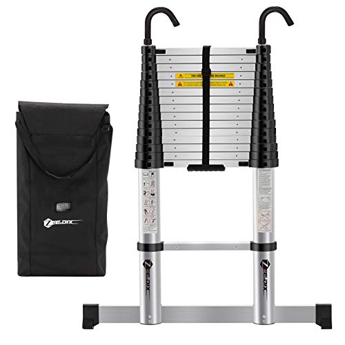 ZeeDix 15.5 FT Multi-Purpose Aluminum Telescoping Ladder with Hook- Upgrade One Button Retraction Safety Home Foldable Durable Stair for RV, Truck, Trailer, Ceiling, Roof Working, 330 lbs Capacity