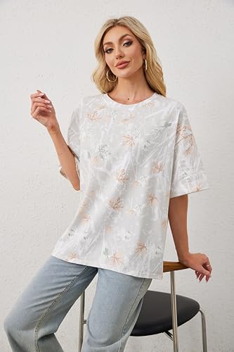 Image of Womens Camo Shirt Oversized Maple Leaf Short Sleeve T Shirts Tops | Loose Fit,White Camo T-Shirt,Crew Neck,Half Sleeve,Everyday Outfits,Gym,Workout,Home,Work,Hiking,2026 Basic Tee