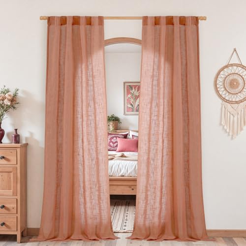 LAMIT Terracotta Linen Curtains 80 inch Length 2 Panels, Light Filtering Semi Sheer Panels Back Tab and Rod Pocket Neutral Drapes for Bedroom/Living Room, 34 x 80 Inch