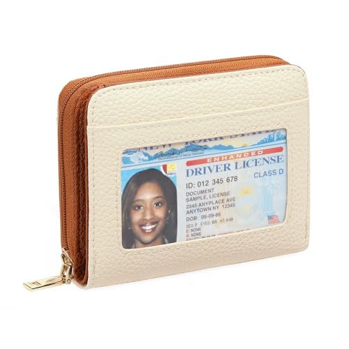 Image of GOIACII Small Wallet for Women RFID Blocking Credit Card Holder Ladies Compact Purse Zip Around Wristlet Vegan Leather White and Brown