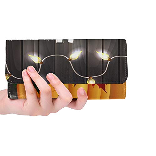 Preisvergleich Produktbild JOCHUAN Einzigartige benutzerdefinierte Herbst Blätter Kürbisse auf hölzernen Textur Frauen Trifold Brieftasche lange Geldbörse Kreditkarteninhaber Fall Handtasche