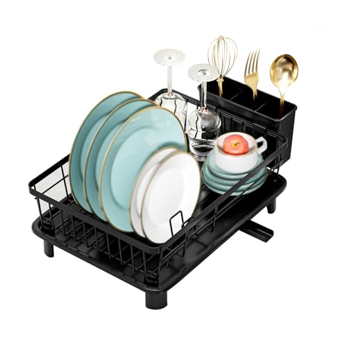 MIGABER 水切りラック シンク上 大容量 食器 箸・コップ・お皿収納の食器水切り 自動排水 水抜き穴付き 自然に乾燥できる食器乾燥ラック 防サビ加工 ステンレス 省スペース コンパクト 臭わない 組立簡単 工具不要 (ブラック, 1段式)