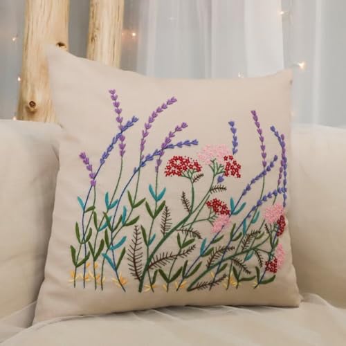 Image of ATOLY Embroidery Kit with Lavender Pattern Pillowcase Cover, Instruction, Drawings, for Pillow Cover, Cushion Cover - 17x17 Inches, 42x 42cm, ATembrodkit31