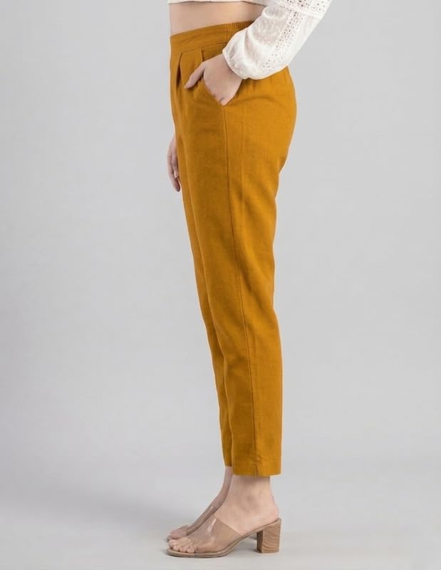 Image of Solid Cotton Woman Trousers Pants Regular Fit Kurti Pant with Drawstring Daily Office Formal Casual Use
