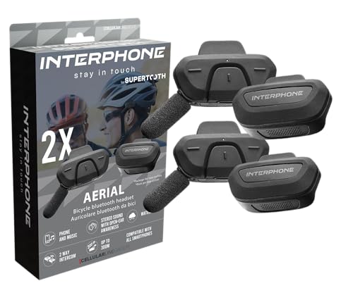 INTERPHONE Aerial Dual-Fahrrad-Gegensprechanlage für die Kommunikation zwischen 2 Fahrern bis zu 300 m, Gegensprechanlage für Fahrradhelm mit Bluetooth für GPS, Musik und Anrufe, wasserdicht und mit
