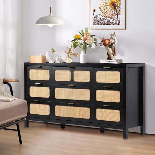 LEVNARY 9 Drawer Dresser for Bedroom, Black Rattan Dresser with 9 Storage Drawers, Wooden Large 58\" Long Dresser for Closet, Entryway, Living Room (Black)