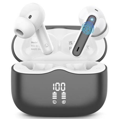 Kopfhörer Kabellos Bluetooth 5.4, Bluetooth Kopfhörer mit 4 ENC Lärmreduzierung Mics, 40Std In Ear Kopfhörer Bluetooth Tiefer Bass LED-Anzeige IP7 Wasserdicht Sport Ohrhörer USB-C Touch Control Grau