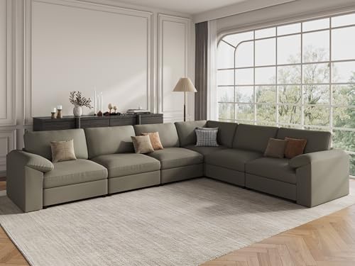 Image of EASE MOOSE Leather Sectional Couch, Oversized Modular Sectional Sofas, Wide Deep Seat Modular Couch, Scratch Resistant Faux Leather Material, L Shaped Sofa for Big Spaces, Light Grey