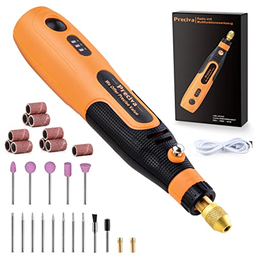 Mini Amoladora Eléctrica,Preciva 3.7V Herramienta Rotativa Multifunción con 33 Accesorios,Giratoria Herramienta Multifunción Bricolaje USB , 3 Velocidad Variable para Lijar Grabar Limpiar Pulir Cover