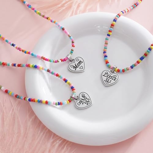 Image of Big Middle Little Sister Mom 2 Daughters Heart Colorful Beaded Necklaces | 3Pcs matching sister pendant set, meaningful friendship & family jewelry, ideal gift for BFF, sisters, mom & daughter