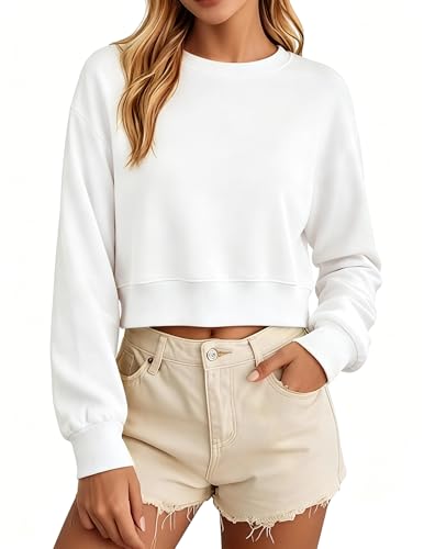 MAPICK Womens Cropped Sweatshirt Oversized Crewneck Cotton Long Sleeve Boxy Crop Pullover Casual Lightweight Athleisure Top White