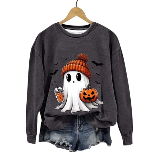 Moletom de gola redonda com estampa de abóbora de fantasma fofo de manga comprida, casual, solto, le