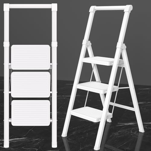 Foldable Step Ladder Stool for Home,3 Step Stool with Wide Anti-Slip Pedal, Heavy Duty 600Lbs Ladder for Indoor Kitchen Closet Stair Use, White by DIAMONDFORGE - Used condition - US$47.49