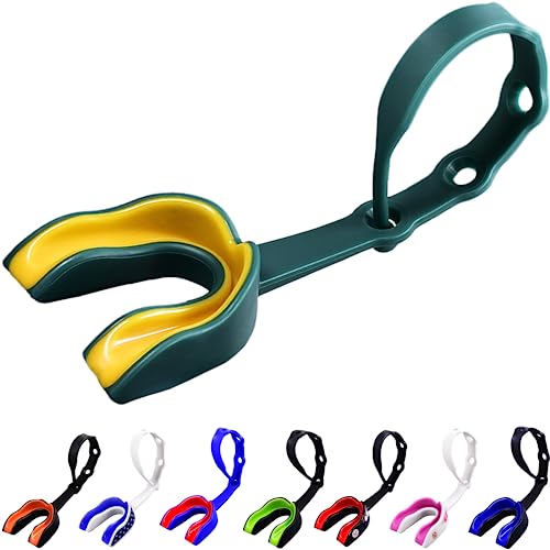 Oral Mart Strapped Youth Mouth Guard for Kids (Green/Yellow) - Sports Mouthguard with Connected Strap for Football, Ice Hockey, Lacrosse, Taekwondo