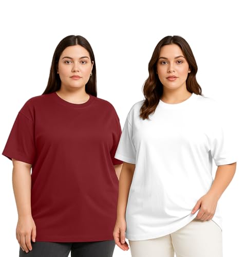 Image of JUNEBERRY 100% Pure Cotton Oversized Baggy Fit Drop Shoulder Solid Core Plus Size T-Shirt Combo for Women (Pack of 2) (Sizes from: 2XL to 5XL)
