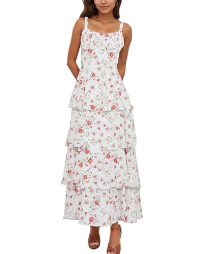 Image of Tiered Ruffle Dress Women Casual Summer Spaghetti Strap Sleeveless Floral Layered Maxi Dress for Women Beach Sundress