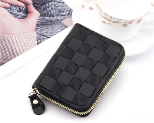 Checkered Credit Card Holder Wallet Zipper PU Leather Case Purse Small Card Case for Women or Men Small Compact Accordion Wallet with Zipper One-Piece (IVORY BLACK)2
