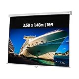 Écran de projection manuel 260x146 cm (16/9) avec toile PVC blanc mat (gain 1,05) et bords noirs, fonction AUTOLOCK et installation facile au mur/plafond.