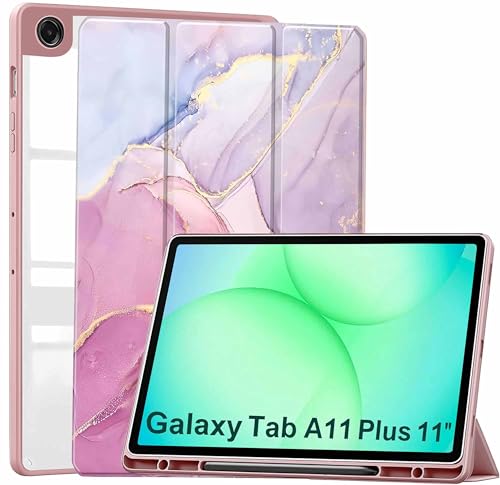 Image of ProElite Cover for Samsung Galaxy Tab A11 Plus 11 inch 2025, Smart Flip Case Cover for Samsung Galaxy Tab A11+ 11 inch 2025 with Pen Holder, Marble Pink [Transparent Back]