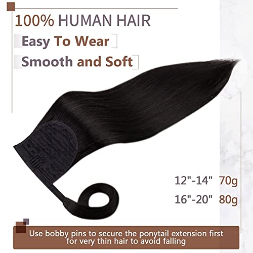 RUNATURE 14 Inch Ponytail hair Extension Black Human Hair Clip in Ponytail Hair Extension Real Human Hair Off Black Ponytail Extension 80 Gram #1B - Image 3