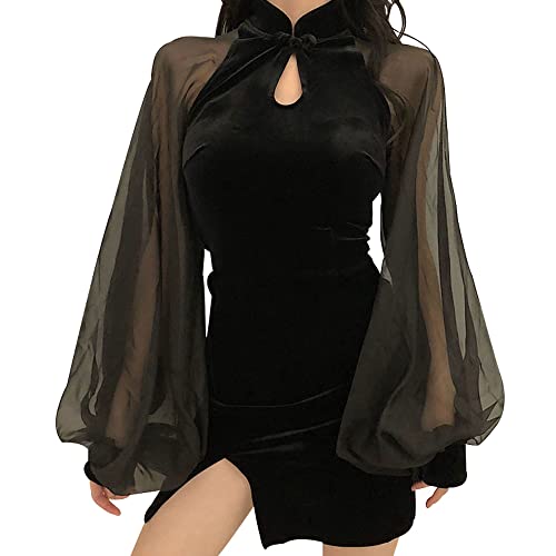 Vestido chino Cheongsam ajustado y sexy con cuello en V, tradicional, para salir, salir por la noche, cintura, mini vestido corto de malla, dobladillo dividido, ropa de fiesta (Alpha, L)