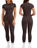 Relety Womens Two Piece Workout Sets Slim Fit Short Sleeve Shirt High Waist Leggings Yoga Outfits Matching Gym Set - Brown Large