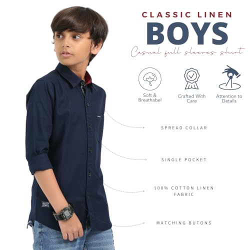 Image of ROCKET SCIENCE Boys Single Pocket Shirt | Regular Fit, Spread Collar, Full Sleeves, 100% Cotton Linen Fabric Royal Blue