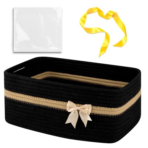 Image of OIAHOMY Large Woven Storage Basket with Handles for Nursery Living Room Shelves, Bow Basket for Gifts Empty with Gift Bags and Ribbons for Baby Showers Pet Toy Bin - Black