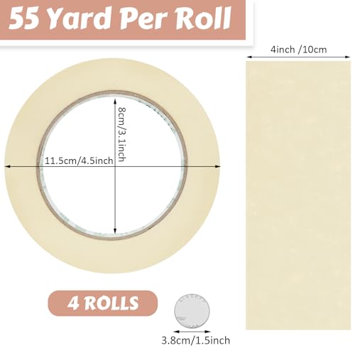 Image of Fainne 4 Inch 4 Rolls Masking Tape Bulk 0.8 /1 / 1.88 /3 / 4 in X 55 Yards General Purpose Tape for Classroom, Labeling, Crafts, Office, School Projects, Easy Tear & Clean Removal, Beige White