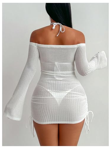 COZYEASE Women's Off Shoulder Sheer Cover Up Drawstring Long Sleeve Crochet Beach Dress2
