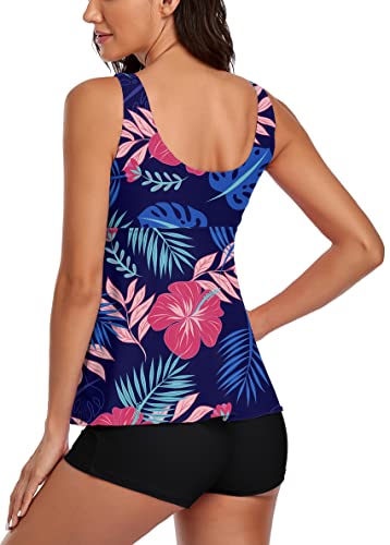 Image of Modest Tankini Swimsuits for Women Two Piece Bathing Suits Floral Print Tank Top with Boyshorts Tummy Control Swimming Suits