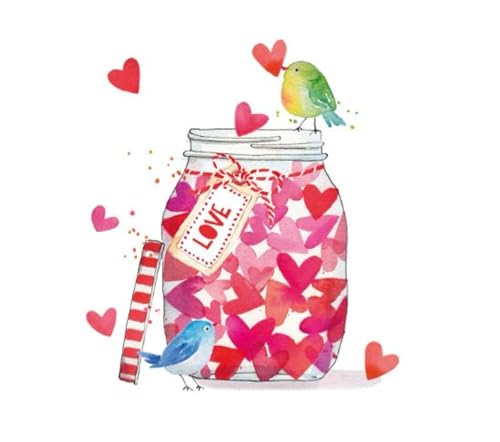 Set of 2 Individual Decoupage Paper Party Napkin Jar Hearts Love Birds Watercolor Decor Luncheon Napkins for a Birthday Holiday, Wedding, Cocktail Party