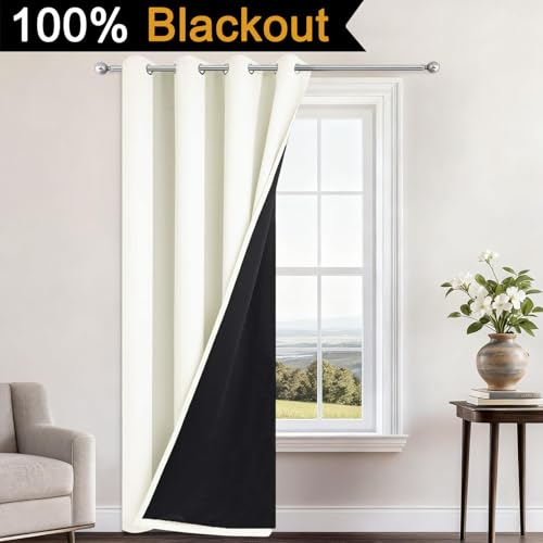Image of Yakamok Cream Blackout Curtains 84 Inches Long for Bedroom 52 inch Wide 1 Panel | Blackout Curtain Panels for Bedroom, 2 Thick Layers Grommet Top Thermal Insulated Drapes with Black Liner for Living Room