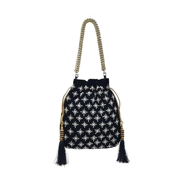 Amerie Fashions Women's Black Pearl Beaded Floral Potli Bag Purse for Party Wedding - Image 5